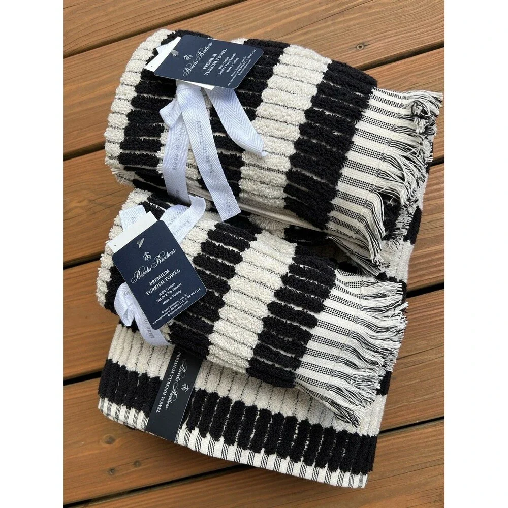 6 PC Brooks Brothers 2 Bath 2 Hand 2 Tip Turkish Towel  Black Striped Tiles New